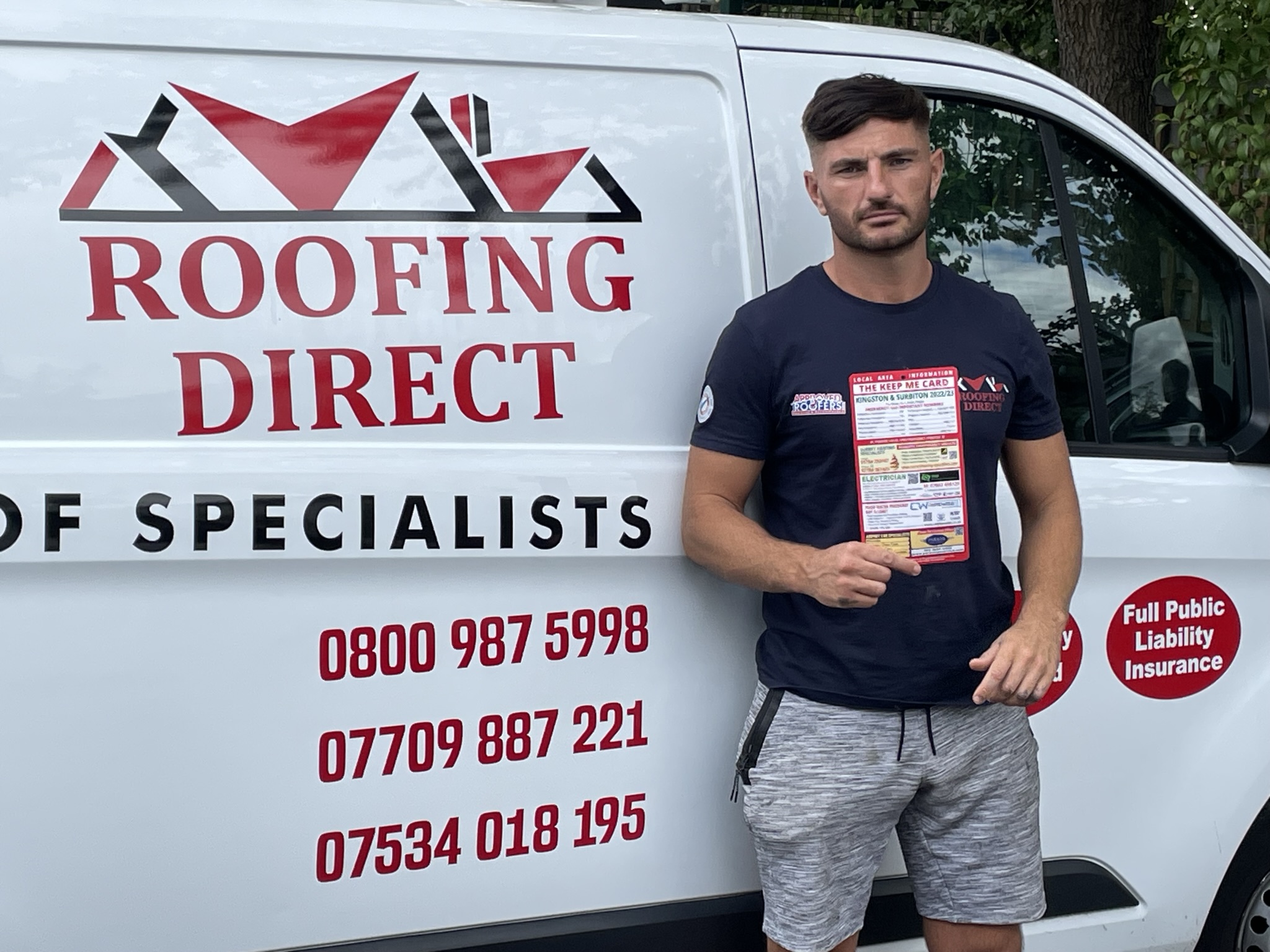 Roofing Direct advertiser holding Keep Me Card