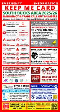 Keep Me Card South Bucks 2025/26 — emergency plumber and local trades contact card delivered to homes in Gerrards Cross, Chalfont and Beaconsfield