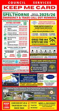 Keep Me Card Spelthorne 2025/26 — emergency plumber advertising card covering Ashford, Staines and Sunbury-on-Thames