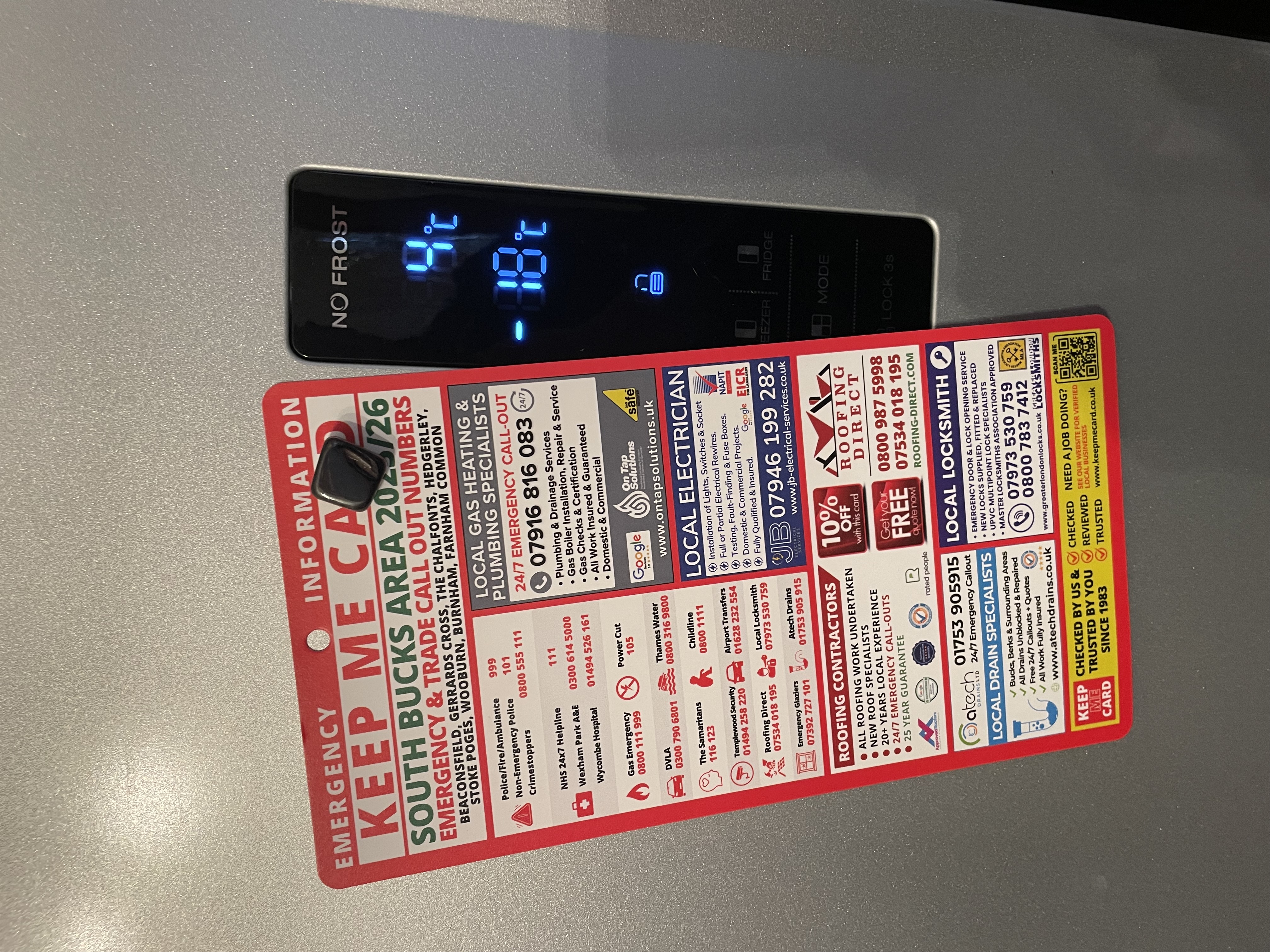 Keep Me Card South Bucks emergency trades card kept on a homeowner's fridge