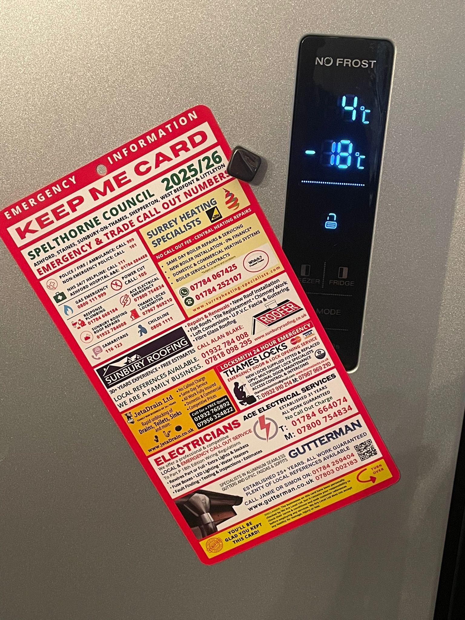 Keep Me Card on a fridge for the Spelthorne local trade advertising area
